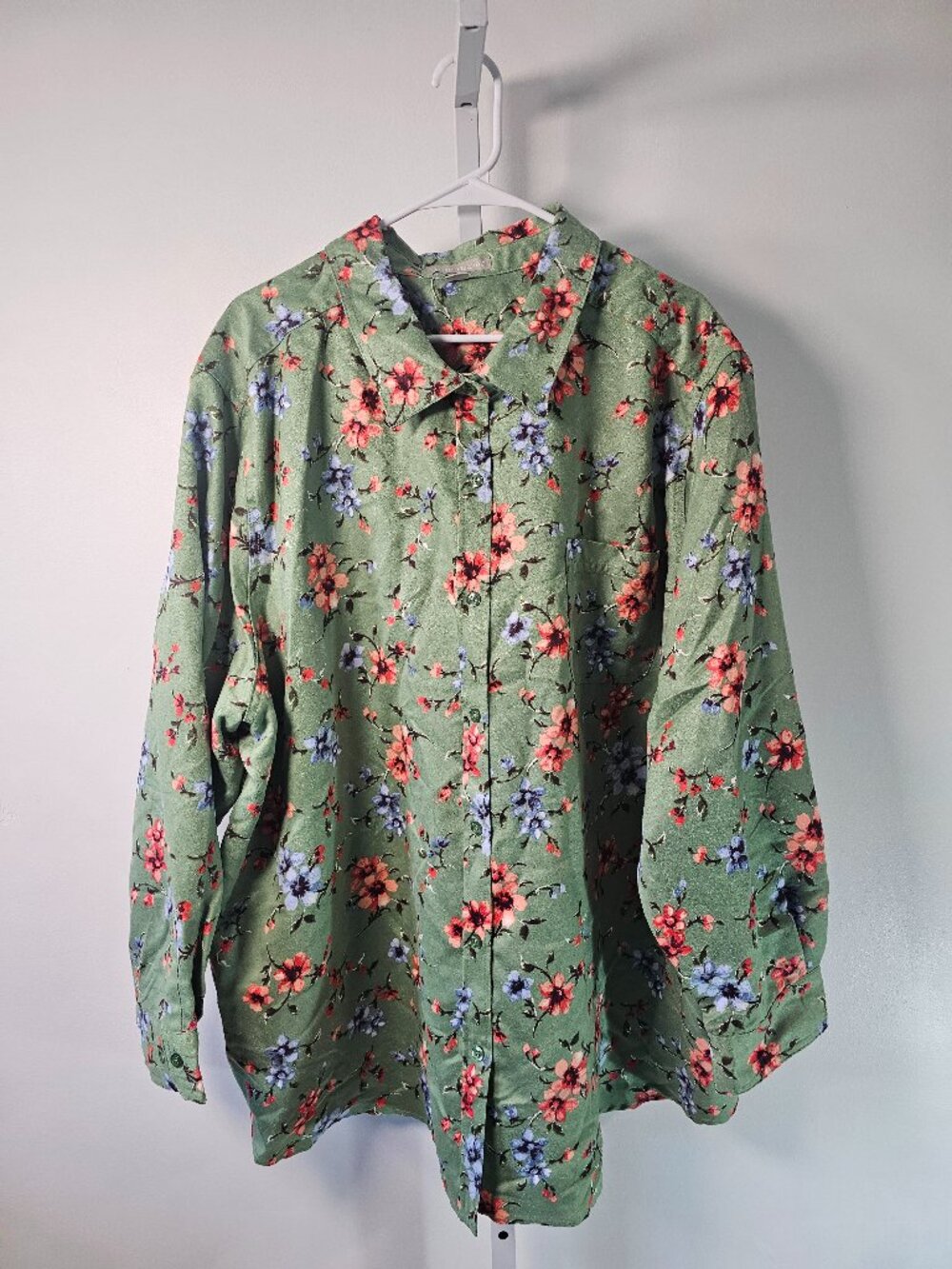 Woman Within Blouse Button Up Green Floral Sueded Casual 3X